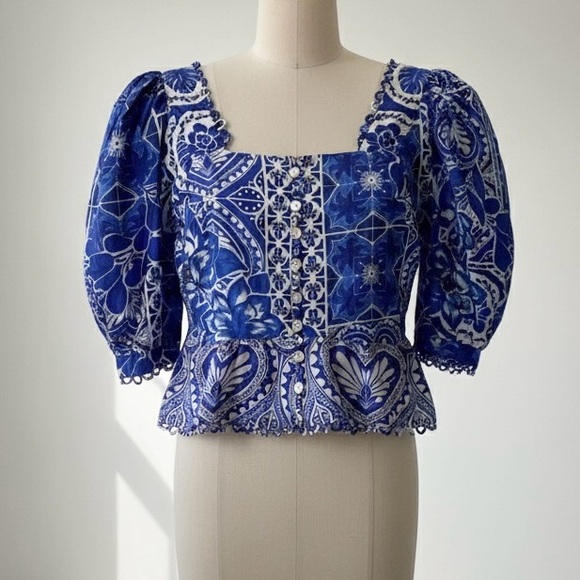 FARM Rio Tops - FARM rio puff sleeve cotton tile blouse
